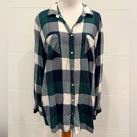 Merona Tops - XL Merona Green and White Plaid Button-Up Shirt